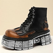 billige Sko for menn-herre gotiske flammende platåstøvler – steampunk ankelstøvletter med grov såle og snøring for punkrockfester og cosplay