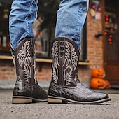abordables Cowboy et bottes occidentales-Bottes de cowboy western en cuir de vachette noir gaufré pour hommes avec bout pointu et coutures classiques, chaussures élégantes pour les événements country, l&#039;équitation et la mode rodéo