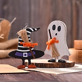 levne Halloweenové závěsné a stolní dekorace-Halloweenská dřevěná vrstvená dekorace na tác s duchy a netopýry, strašidelné halloweenské ozdoby na stůl, rustikální dřevěné cedule pro vrstvené vystavení táců a dekorace na párty.