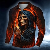billiga Mäns mönstrade pikétröja-Halloween Herr Dödskalle Polo Långärmad Polotröjor Ledigt Mörk Utomhus Gata Dagliga kläder 3D-utskrift Quarter Zip Polo Vår Höst Vinter Rubinrött Orange Grön