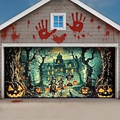 cheap Halloween Garage Door Cover-Halloween Garage Door Cover Dancing Skeletons and Pumpkins Banner, Large Tapestry Backdrop Decoration for Holiday Outdoor Garage Door and Home Wall, 2025 Halloween Decorations