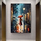 abordables Pinturas de paisajes-Lienzo pintado a mano de una chica en una ciudad lluviosa, con una chica en la calle bajo un paraguas y una lluvia, decoración abstracta, pared de una chica en la ciudad de Nueva York, arte de pared