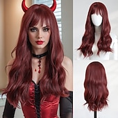 abordables Pelucas de fiesta-Peluca ondulada color burdeos de 20 pulgadas para mujer: flequillo completo, cabello largo, ideal para Halloween, cosplay y estilos de moda actuales.