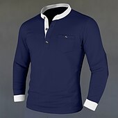 preiswerte Lässiges Henley-T-Shirt-Herren Henley Hemd T-Shirt T-Shirt aus Baumwollmischung Langarm Farbblock Einheitliche Farbe Mode Designer Basic Patchwork Stehkragen Henley Urlaub Straße Lässig Frühling &amp; Herbst Schwarz Marineblau