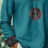 economico Vacanza-Per uomo Camicia Camicia di lino Camicia popover Camicia Estiva Camicia da Spiaggia Camicia vintage Semplice Vacanza Casuale Blu Manica Lunga Scollo a V Estate Primavera Abbigliamento