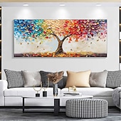 voordelige Schilderijen van bloemen/planten-handgemaakte originele kleurrijke levensboom olieverfschilderij op canvas abstract boomlandschap wanddecoratie voor huisdecoratie met gespannen frame zonder binnenframe schilderij