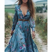 billige Boho-kjoler-Dame Lang kjole Maxikjole Floral kjole Boho-kjole Western kjole Elegant Mote Moderne utendørs Feriereise Daglig Normal Blomsternål i krystall Langermet V-hals Blå Sommer