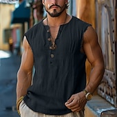 baratos Tops de ginásio-Homens Camisa Henley Top de colete Regata de linho camisa sem manga Sem Manga Henley Verão Tecido Moda Designer Boêmio Botões Férias Casual Para Noite Preto Branco Rosa Top Tee para Homens