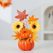 abordables Couronnes d&#039;Halloween et Décorations Florales-Décoration de bureau d&#039;automne d&#039;Halloween avec fausse citrouille, feuilles d&#039;érable et décoration lumineuse à LED pour le festival des récoltes d&#039;automne, décoration de scène d&#039;automne effrayante