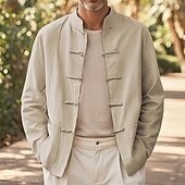 baratos Jaquetas Casuais-Homens Jaqueta de Camisa jaqueta de linho Cabana Férias Diário Respirável Bolsos Primavera Outono Tecido Moda Clássico Colarinho Chinês Padrão Preto Branco Azul Marinha cáqui Casaco