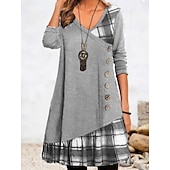 cheap Stripe&amp;Geometric Dress-Women&#039;s Mini Dress A Line Dress Casual Daily Regular Fit Plaid Long Sleeve V Neck Black Red Green Gray Fall Winter