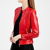 cheap Faux Leather Jackets-Women&#039;s Faux Leather Jacket Comfortable Pocket Full Zip Fashion Street Style Plain Outdoor Casual Daily Regular Stand Collar Regular Fit Long Sleeve Outerwear Red Green Beige Fall Winter