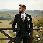 abordables Costumes de mariage-Costumes de mariage pour hommes Affaires Noire Sauge Mode Formelle Été Couleur unie Coupe standard 3 pièces Simple bouton Deux boutons