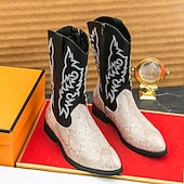abordables Cowboy et bottes occidentales-Homme Bottes Bottes de Cowboy Rétro Chaussures en Peau de Serpent Marche ancien Occasionnel Cuir PU Confortable Antidérapant Chaud Bottes Mi-Mollet Mocassin Marron Noir / Rose