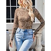 お買い得  フローラルTシャツ-女性用 ブラウス フラワー レオパード スタイリッシュ カジュアル 長袖 タートルネック レギュラートップス 日常 祝日 お出かけ プリント ブラック ピンク グリーン カーキ色 夏 春 秋