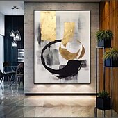 preiswerte Abstrakte Gemälde-handgefertigtes Ölgemälde auf Leinwand, Wandkunst, Dekoration, schwarz-weiß, schlicht, abstrakt, Goldfolien-Applikation für Heimdekoration, gespannter Rahmen, hängendes Gemälde/gerolltes rahmenloses,