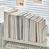 זול אחסון וארגון-מדף ספרים שולחני מנירוסטה ופוליפרופילן עם בסיס מונע החלקה, מחיצות מתכווננות, תומכי ספרים אנכיים קומפקטיים, מארגן שולחן משרדי מודרני מינימליסטי לדואר, אחסון קבצים, מדף לימוד במעונות סטודנטים