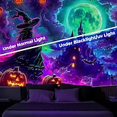 cheap Halloween Garage Door Cover-Halloween Blacklight Tapestry Witch Castle UV Reactive Glow in the Dark Forest Trippy Mountain Misty Graveyard Ghost Hanging Tapestry Wall Art Mural for Living Room Bedroom