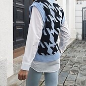 halpa Neuleliivi-Naisten Neulepusero Pusero Vapaa-aika Yhtenäinen väri Houndstooth-kuvio Paksu V kaula-aukko Kudottu Hihaton Tavalliset topit Neuloa Päivittäin Pyhäpäivä Bile Musta Sininen Syksy Talvi