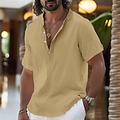 abordables Vacaciones-Hombre Camisa Camisa de lino Camisa con cuello mao Camisa de manga corta Camisa de verano Ropa de playa Plano Vacaciones Casual Negro Blanco Amarillo Rosa Manga Corta Henley Verano Ropa