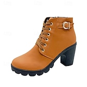 abordables Bottines-Bottines noires à lacets pour femmes avec talon épais et boucle latérale, bottines courtes décontractées et tendance pour l&#039;automne et l&#039;hiver