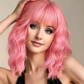 abordables Perruques de fête-Perruques roses courtes ondulées, perruque pastel avec frange, cheveux synthétiques mi-longs pour femmes et filles, perruque de cosplay colorée en fibre synthétique résistante à la chaleur pour une