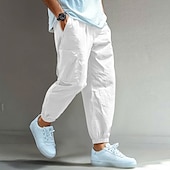 preiswerte Klassiker-Herren Cargo-Hosen Leinenhosen Hose Shorts Sommerhose Elastischer Bund Einfach Komfort Atmungsaktiv Volle Länge Lässig Täglich Ferien Urlaub Mode Schwarz Weiß Unelastisch