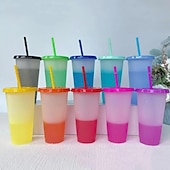 levne Sklenice-10 ks kelímků s víčky a brčky, které mění barvu, opakovaně použitelné sklenice na studené nápoje o objemu 710 ml/24 oz, plastové kelímky s teplotním senzorem, vhodné pro venkovní použití, cestování,