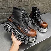 billige Sko for menn-herre gotiske flammende platåstøvler – steampunk ankelstøvletter med grov såle og snøring for punkrockfester og cosplay