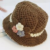 お買い得  帽子-ヴィンテージフラワークロシェバケットハット、厚手防寒ベイスンハット、暖かいフィッシャーマンキャップ、女性用、日常使い、秋 &amp; 冬