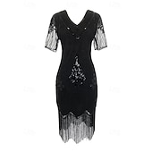 economico Abiti degli anni '20-Anni Ruggenti Anni 1920 Lunghezza al ginocchio Vestito Abito Flapper Abito da Ballo Maniche corte Il grande Gatsby Charleston Invitato al matrimonio Paillettes Frangia con nappe Scollo a V Costume