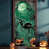 billige Halloween dørdeksler-Halloween Dørdeksel – Gigantisk grønn edderkopp i spøkelsesskog skummel inngangs banner utendørs og innendørs dekorasjon Halloween 2025 soverom stue bad