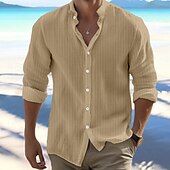 preiswerte Urlaub-Herren Hemd Leinenhemd Stehkragenhemd Sommerhemd Strandbekleidung Knopfhemd Gestreift Urlaub Ferien Schwarz Weiß Blau Khaki Langarm Stehkragen Sommer Frühling Bekleidung