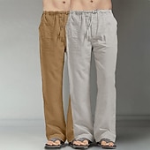 baratos Clássico-Homens Calças de linho Calças Calça verão Calças largas Calças de praia Bolsos Com Cordão Perna reta Tecido Conforto Respirável Comprimento total Diário Streetwear Moda Casual / esportivo Preto