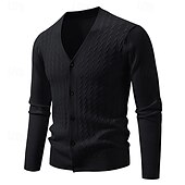 cheap Men&#039;s Cardigan Sweater-Men&#039;s Cardigan Sweater Cropped  Sweater Knit Sweater Ribbed Knit Regular Tops Buttons Jacquard Plain V Neck Fashion Classic Vacation Daily Wear Clothing Apparel Fall Winter Black Navy Blue S M L