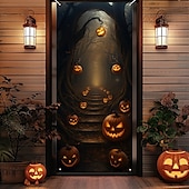 billiga Halloween dörröverdrag-Halloween Dörröverdrag – Glödande pumpor i gotisk portal spökhus ingångsbanner höst utomhus- och inomhusdekoration för Halloween 2025 för sovrum vardagsrum badrum