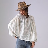 olcso Női Művészet és Dizájn Felsők-Női Ing Virágos Elegáns Csehország Szüret Hosszú ujj Lámpás hüvely V-alakú Crop Tops Napi Szabadság Alkalmi Hímzett Törtfehér hímzett szilvapiros-FEHÉR 2# sárgabarack hímzés világoszöld-sárgabarack