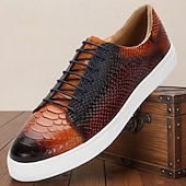 billiga Klassiska Klädskor-Herrsneakers i äkta läder med krokodilmönster – tonade orange snörskor för eleganta herrar, smart casual-looker och helgsammankomster