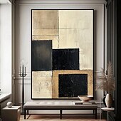 cheap Wabi Sabi-Handmade hand Painted Geometric Oil Painting Abstract Rectangles Modern Minimalist Art Textured Canvas Beige Taupe Charcoal Black Blocks Neutral Tones Contemporary Home Decor Wall Art Living Room