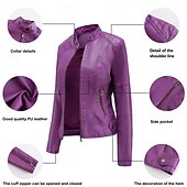 cheap Faux Leather Jackets-Women&#039;s Faux Leather Jacket Comfortable Pocket Full Zip Fashion Street Style Plain Outdoor Casual Daily Regular Stand Collar Regular Fit Long Sleeve Outerwear Black Red Camel Spring Fall