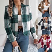 Χαμηλού Κόστους 3D Παλτά-Γυναικεία Casual Jacket Άνετο Αναπνέει Στάμπα Καθημερινό Καρό Διακοπές Δρόμος Καθημερινά Ρούχα Εξόδου Ανοικτό Μπροστά Κοντό Όρθιος Γιακάς Κανονικό Μακρυμάνικο Εξωτερικά ενδύματα