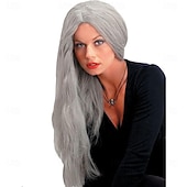 levne Halloweenské paruky-Rovná šedá paruka s motivem čarodějnice, 24″ – dlouhé syntetické vlasy vhodné na Halloween, cosplay, wiccan &amp;gotická móda