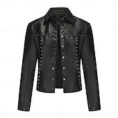 cheap Faux Leather Jackets-Women&#039;s Faux Leather Jacket Comfortable Buttons Fashion Street Style Plain Outdoor Casual Daily Regular Turndown Regular Fit Long Sleeve Outerwear Black Red Camel Spring Fall