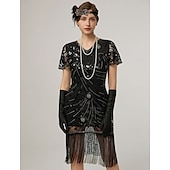 preiswerte Kleider-Retro Vintage Goldene Zwanziger 1920er Midlänge Flapper Kleid Cocktailkleid Der große Gatsby Flapper-Mädchen Pailletten Fransen V Ausschnitt Damen Weihnachten Halloween Karneval Hochzeit