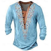 cheap Ethnic Style-Men&#039;s Print T Shirt Henley Shirt Long Sleeve Designer Retro Vintage Bohemian Street Casual Daily Summer Spring Fall Blue Green Khaki Grey Henley Henley T-Shirt
