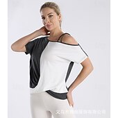 baratos Tops de Arte e Design Femininos-Camiseta feminina de manga curta estilo europeu-americano mais vendida - blusa de ombro assimétrico com blocos de cores / blusa de ombro com painéis com blocos de cores