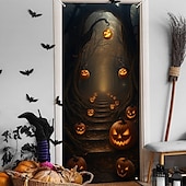 billiga Halloween dörröverdrag-Halloween Dörröverdrag – Glödande pumpor i gotisk portal spökhus ingångsbanner höst utomhus- och inomhusdekoration för Halloween 2025 för sovrum vardagsrum badrum