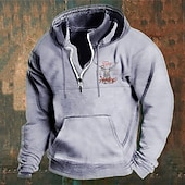 cheap Men's 3D Hoodies-Men's Hoodie Wine Navy Blue Green Khaki Light Grey Hooded Elk Front Pocket Quarter Zip Daily Holiday Going out Polyester Streetwear Casual Bavarian Fall Winter Clothing Apparel Hoodies Sweatshirts