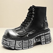 billige Sko for menn-herre gotiske flammende platåstøvler – steampunk ankelstøvletter med grov såle og snøring for punkrockfester og cosplay