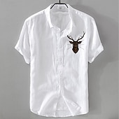  Homens Camisa de linho Camisa casual Camisa de algodão e linho camisa de botão Animal Modelado Férias Roupa Diária Branco Azul Marinho Escuro Azul Céu cáqui Manga Curta Lapela Todas as Estações Roupa
